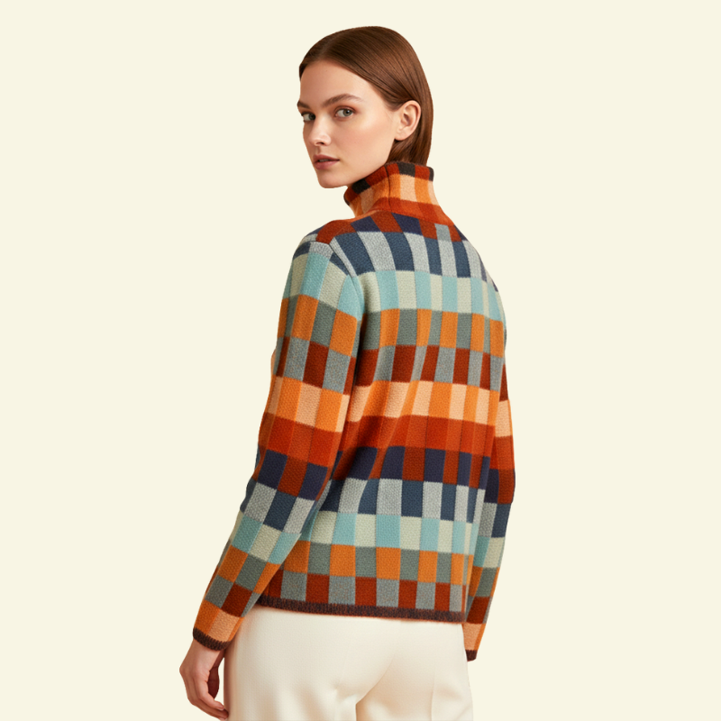 Damski geometryczny golf w wielokolorowej kratce, widok od tyłu ukazujący swobodny krój i miękki splot — Lubomirske