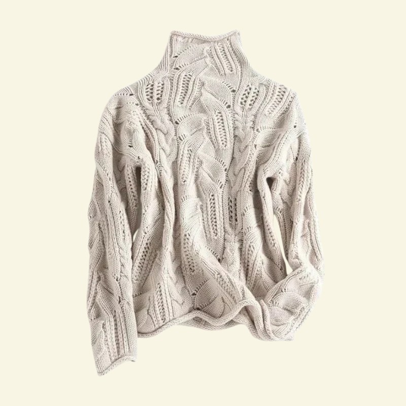 Beżowy ażurowy sweter damski z golfem, o grubym splocie i delikatnym wykończeniu — Lubomirske