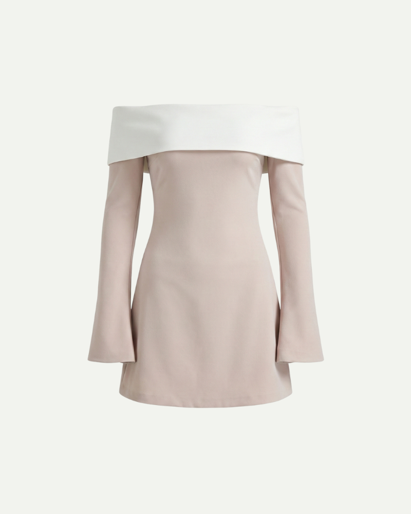 beżowa sukienka mini hiszpanka z długim rękawem i białym dekoltem – zdjęcie produktu