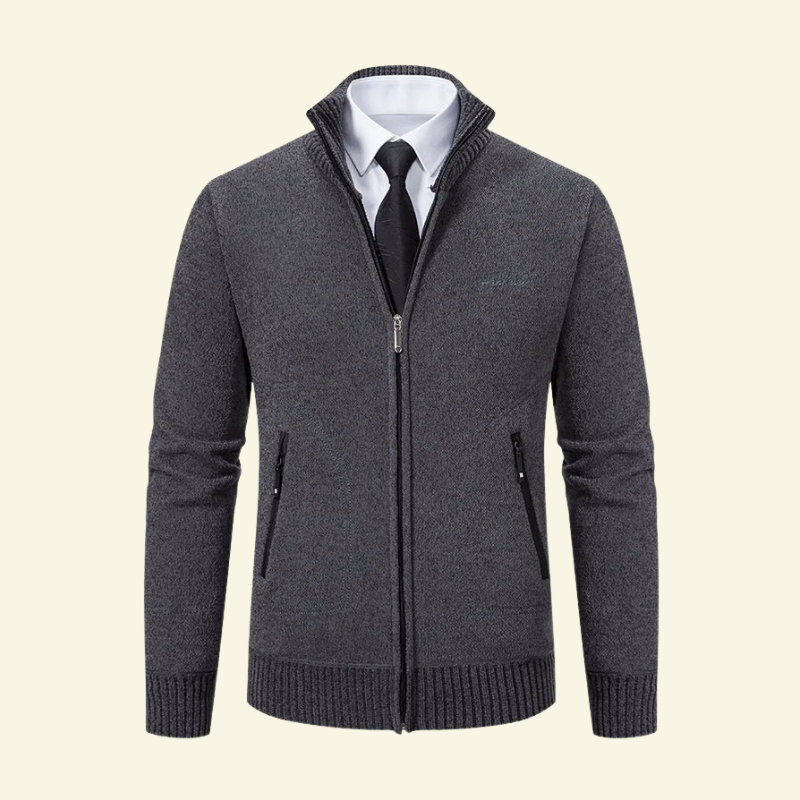 Ciemnoszary kardigan męski z wysoką stójką i zamkiem, w ujęciu produktowym.