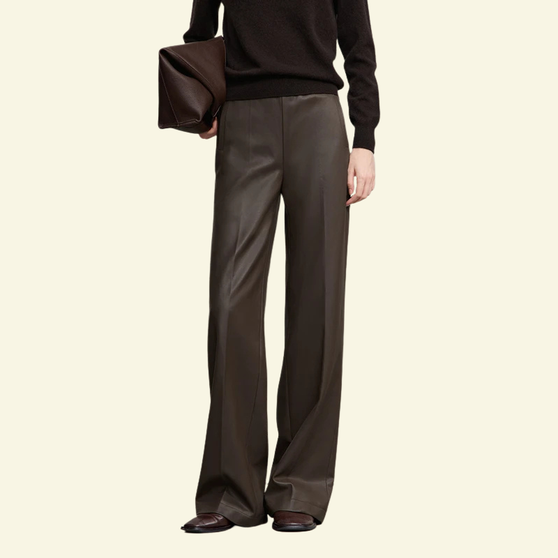 Spodnie damskie w kolorze ciemnej kawy ze skóry ekologicznej, szerokie nogawki i nowoczesny krój — Lubomirske