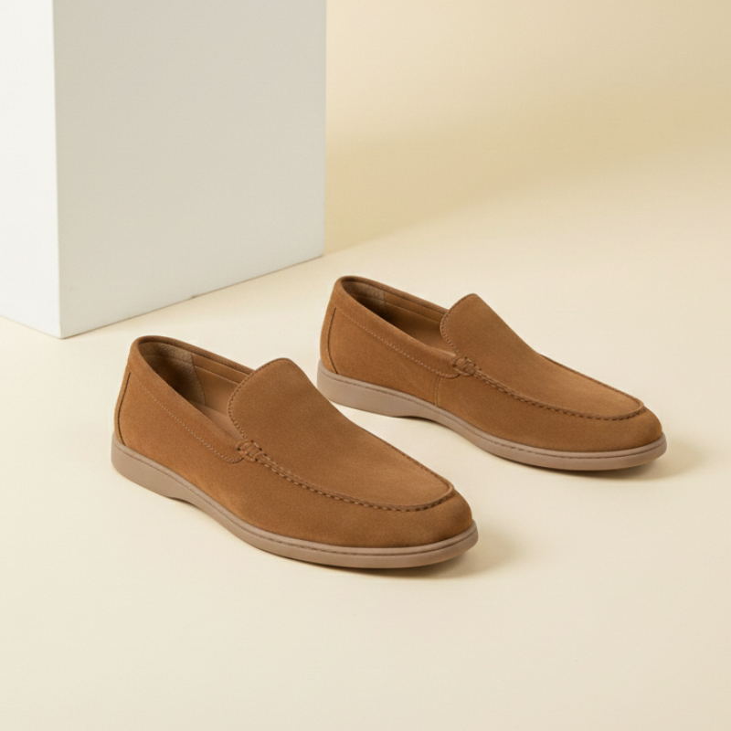 Brązowe męskie mokasyny z zamszu, ujęcie pod kątem, jasne tło studyjne