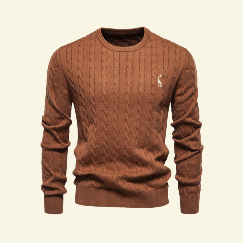 Bawełniany sweter męski w kolorze brązowym — klasyczny splot i subtelny połysk materiału — Lubomirske