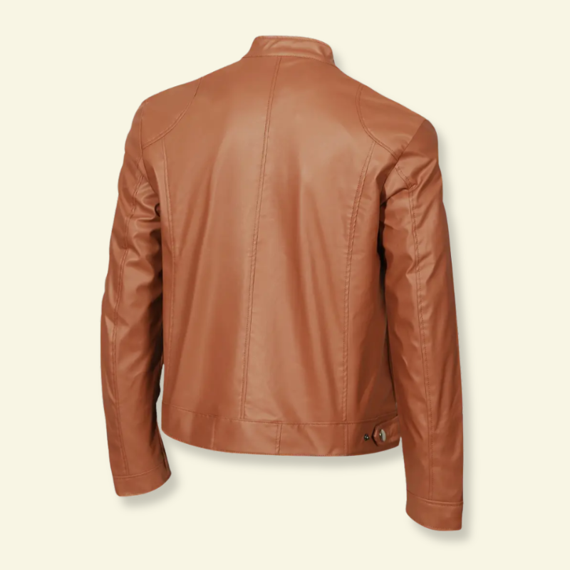 Product photo backside of Light brown faux leather motorcycle jacket