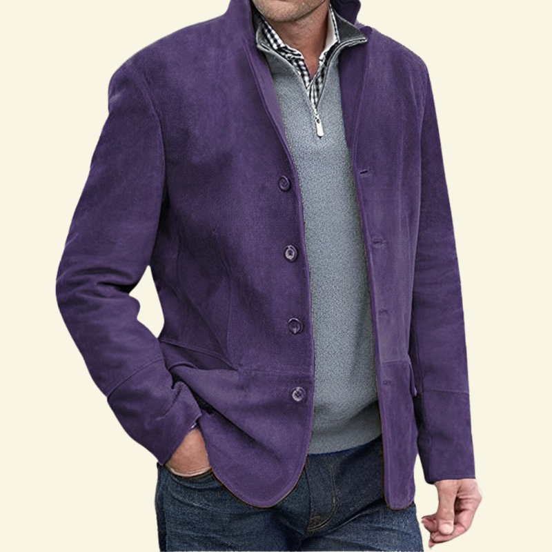 picture of purple faux suede coat for men with a male model