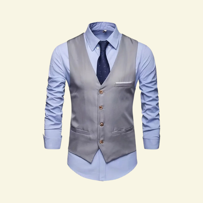 Model w srebrnej kamizelce na błękitnej koszuli z krawatem; ujęcie od przodu.