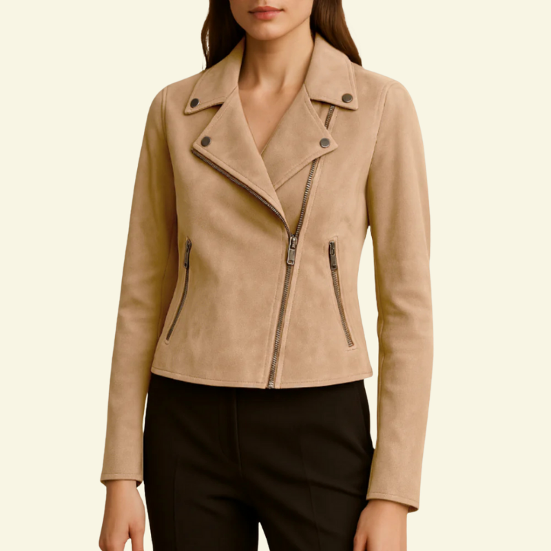 Beżowa damska kurtka biker z miękkiego zamszu, styl old money — Lubomirske