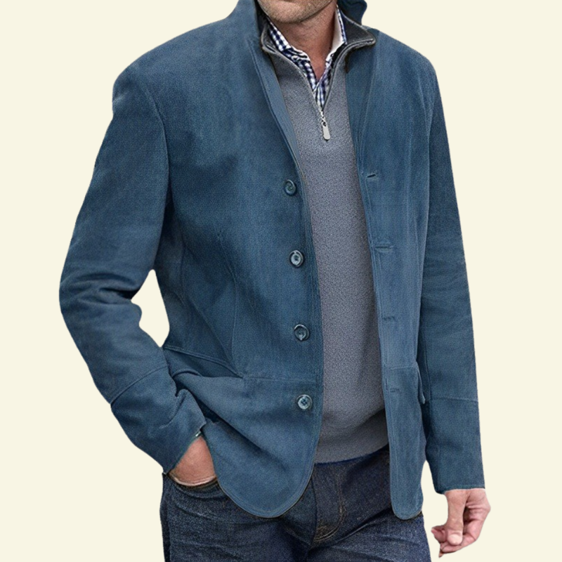 picture of sky blue faux suede coat for men with a male model