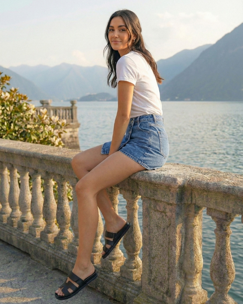 Modelka siedząca na kamiennej balustradzie w niebieskich jeansowych spódnico-spodenkach, letnia stylizacja w plenerze