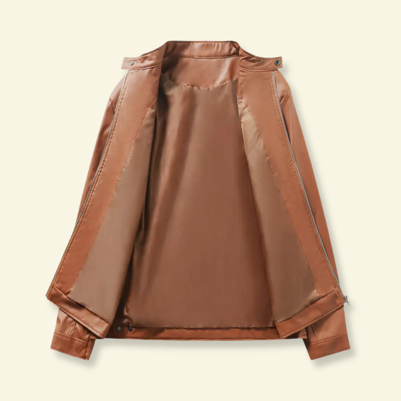 Product photo showing inside of Light brown faux leather motorcycle jacket
