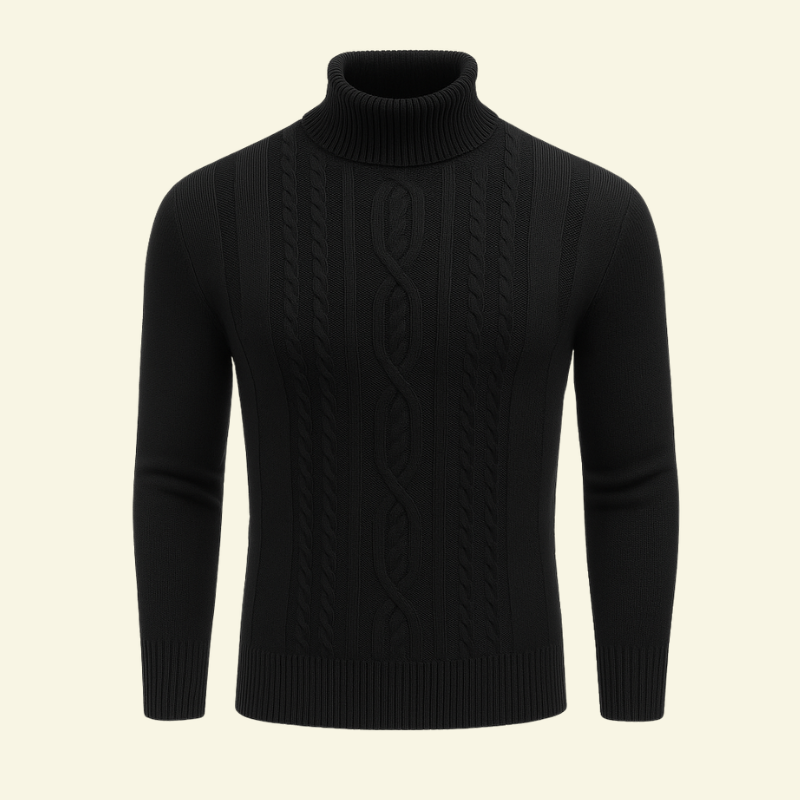 Czarny golf męski z warkoczowym splotem, wykonany z elastycznej dzianiny o dopasowanym fasonie — Lubomirske