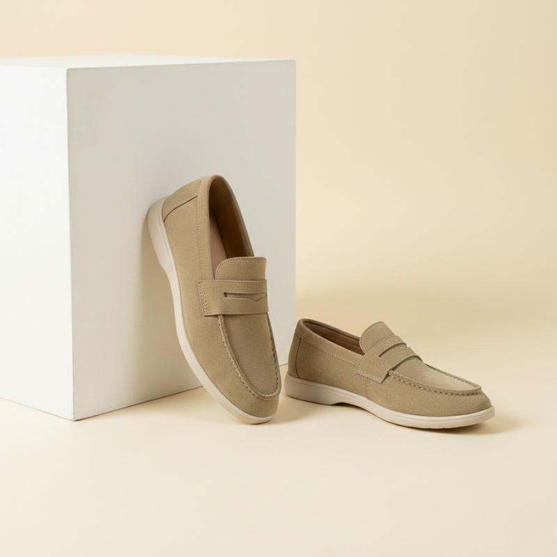 Beżowe damskie mokasyny z zamszowym wykończeniem, płaska jasna podeszwa