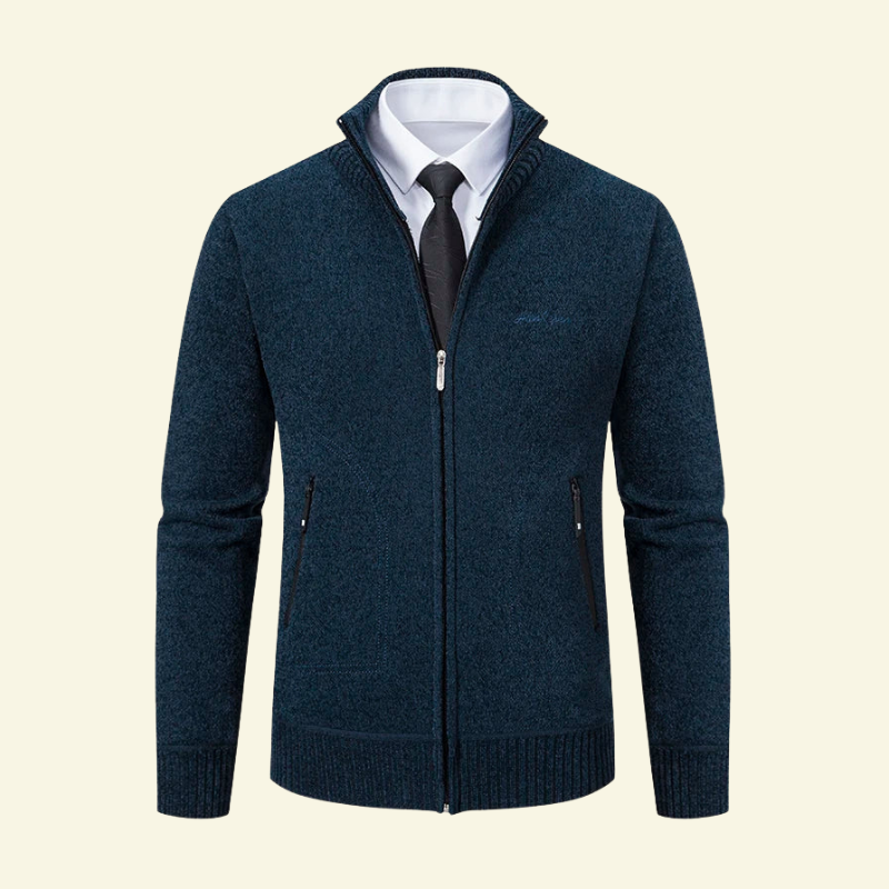 Ciemnogranatowy melanżowy kardigan męski z wysoką stójką i zamkiem.