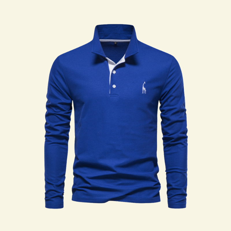 Niebieskie polo męskie z długim rękawem, kontrastowa plisa i haft dodają stylowej, sportowej elegancji — Lubomirske