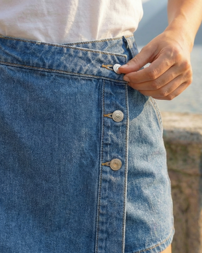 Zbliżenie na niebieskie jeansowe spódnico-spodenki z zakładanym przodem i ozdobnymi metalowymi guzikami