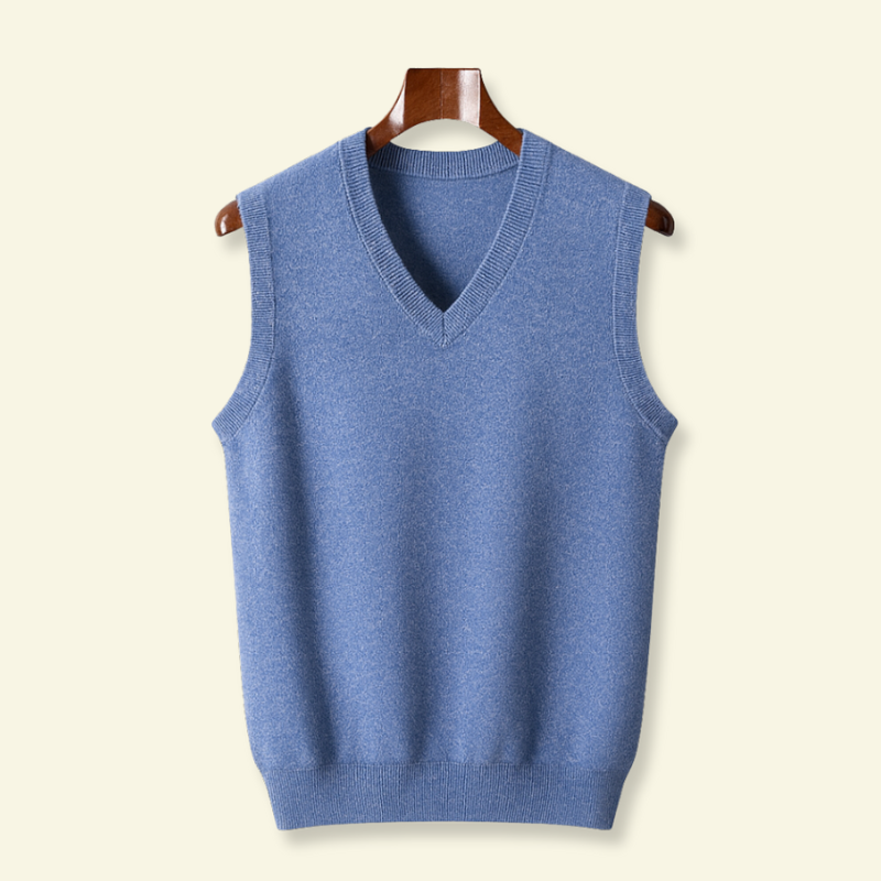Sky blue Wool sleeveless sweater hanging from a clothes hanger 