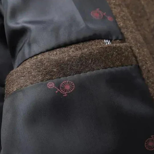 Detail photo of brown men's coat inside pocket and lining