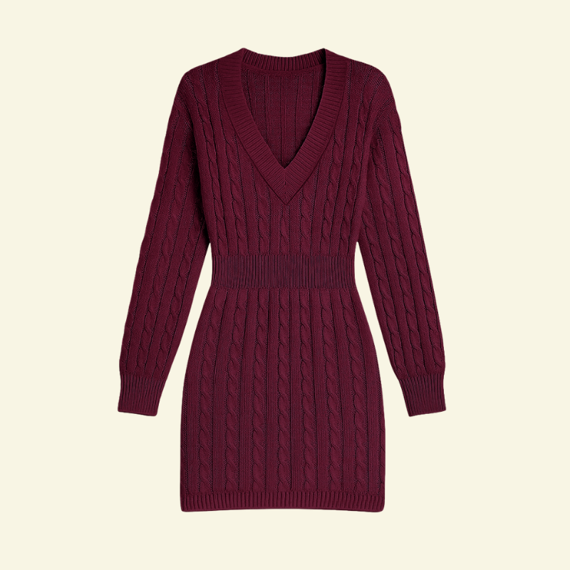 Damska sukienka sweterkowa w kolorze bordowym z dekoltem w serek i warkoczowym splotem — Lubomirske