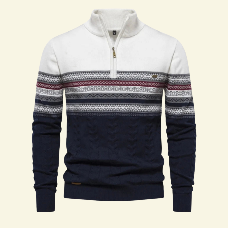 Biały męski sweter z półgolfem i zamkiem, z granatowym dołem i wzorem