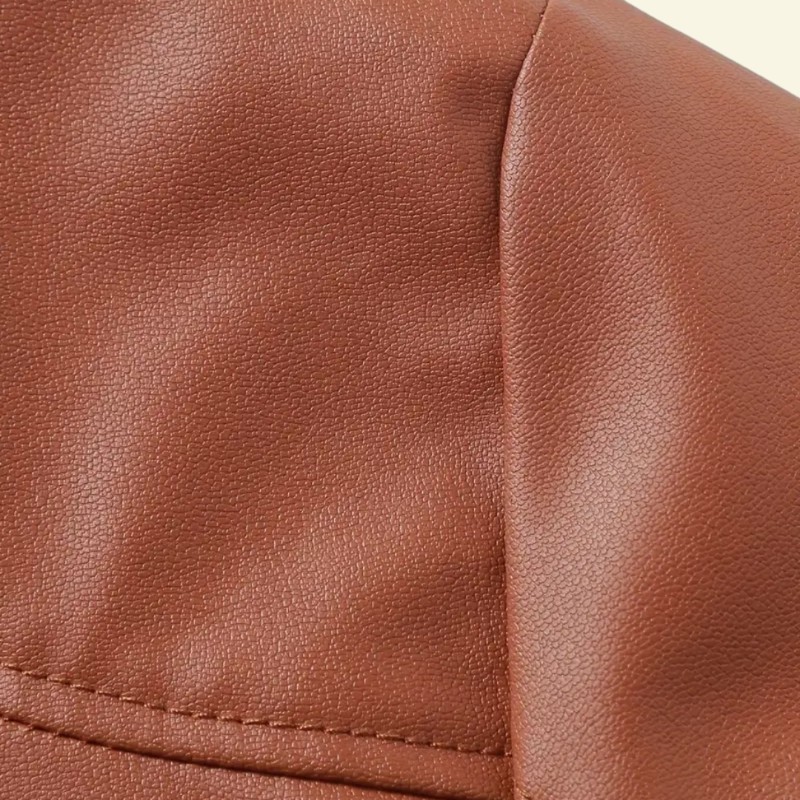 Detail photo of seam/shoulder from Light brown faux leather motorcycle jacket