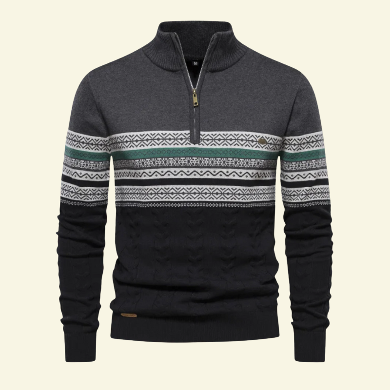 Ciemnoszary męski sweter z półgolfem i zamkiem, z białym i czerwonym wzorem w pasy, ujęcie od przodu.