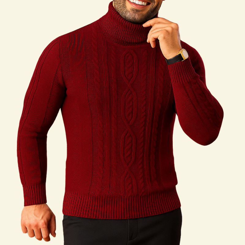 Bordowy golf męski o warkoczowym splocie, prezentowany na modelu; ciepły ton i wyrafinowany styl — Lubomirske