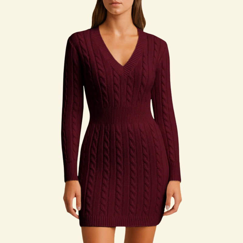 Bordowa sukienka sweterkowa damska z długim rękawem i dekoltem w serek — Lubomirske