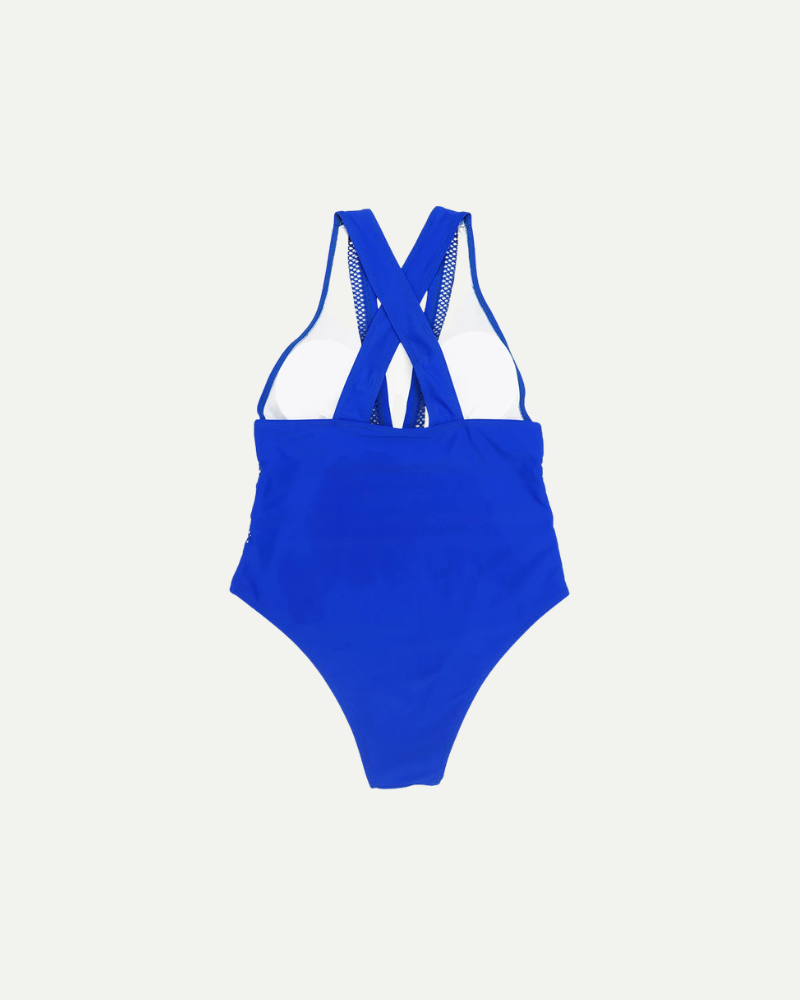 Niebieski jednoczęściowy strój kąpielowy damski tył krzyżowane ramiączka