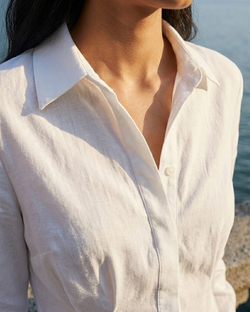 detal dekoltu i kołnierzyka białej sukienki koszulowej