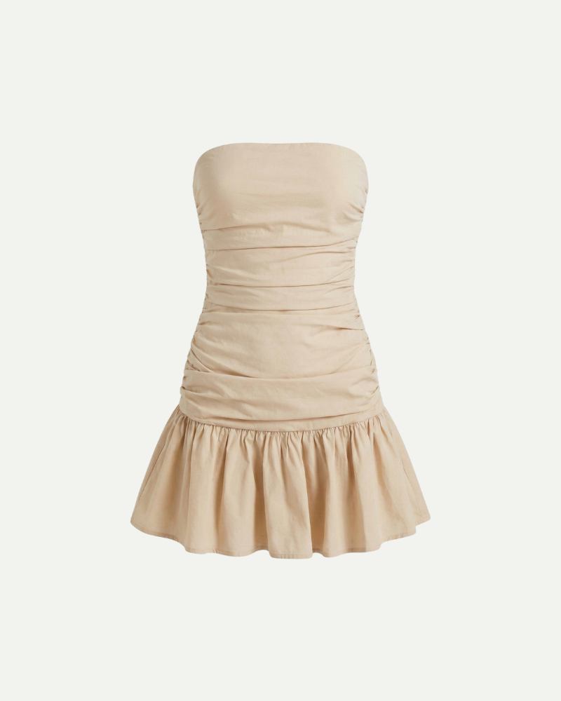 beżowa sukienka mini bez ramiączek z marszczeniem i falbaną – zdjęcie produktu
