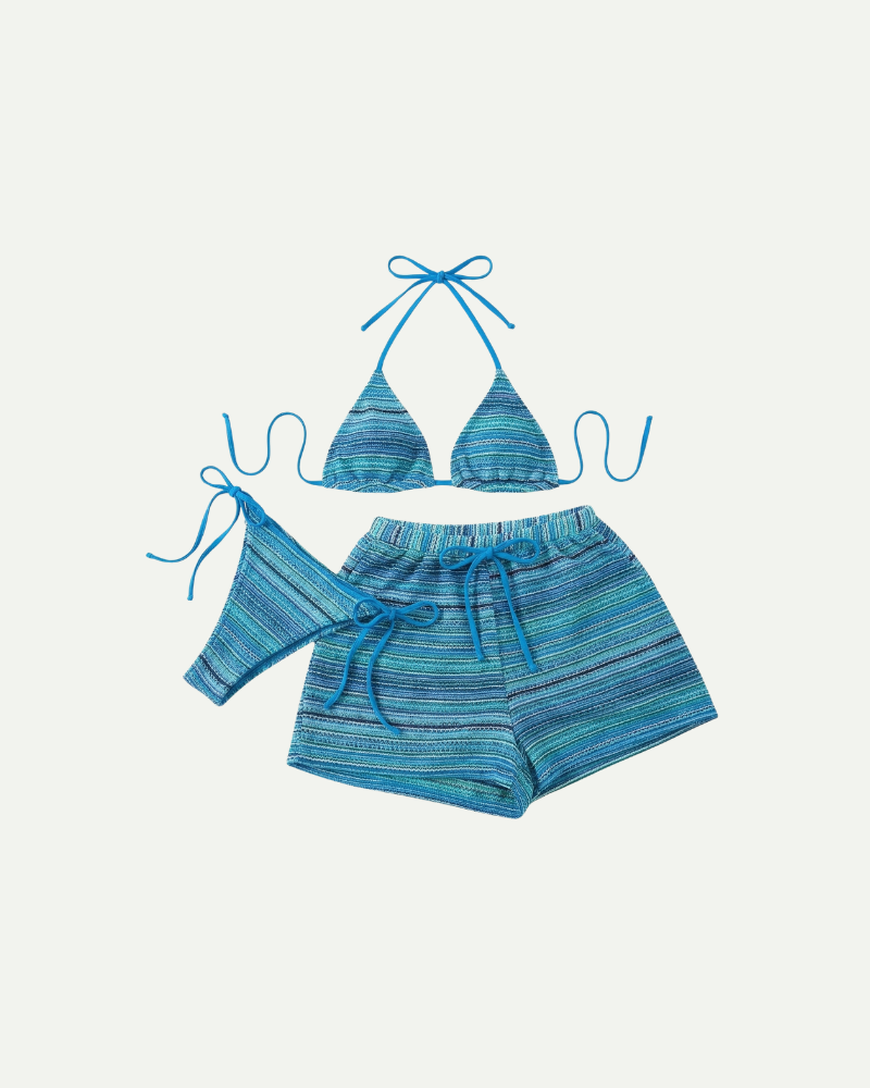 Niebieski pasiasty komplet bikini damski trzyczęściowy halter z szortami