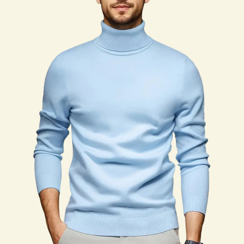 Męski golf wełniany w odcieniu niebieskiego mglistego, dopasowany Slim Fit, klasyczny turtleneck — Lubomirske.