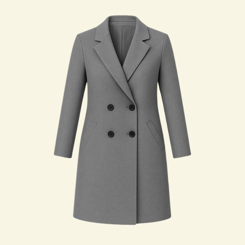 Szary długi płaszcz damski dwurzędowy z klapami — klasyczna elegancja Lubomirske
