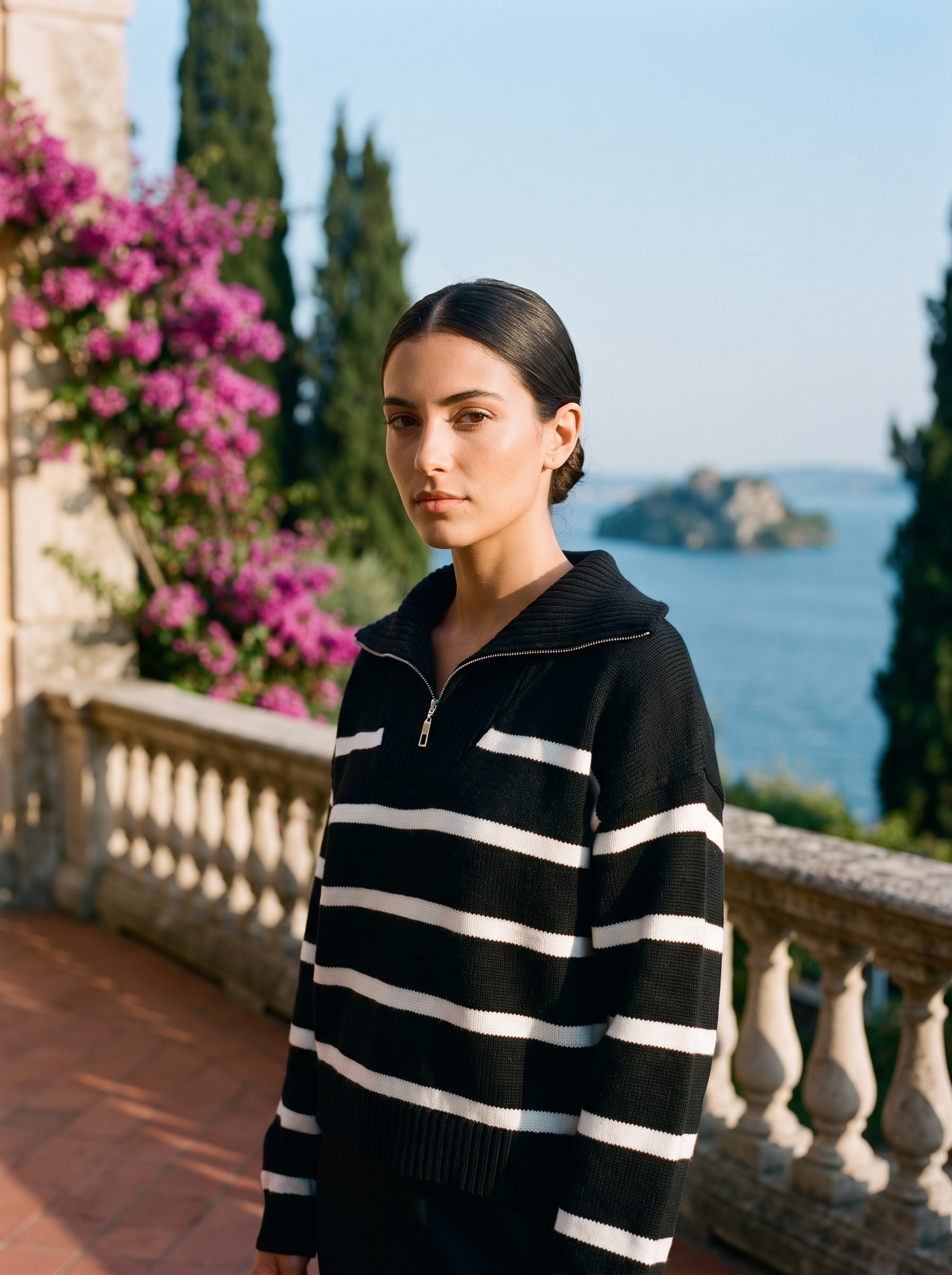 Nevaeh | Sweter Polo w Paski z Krótkim Zamkiem