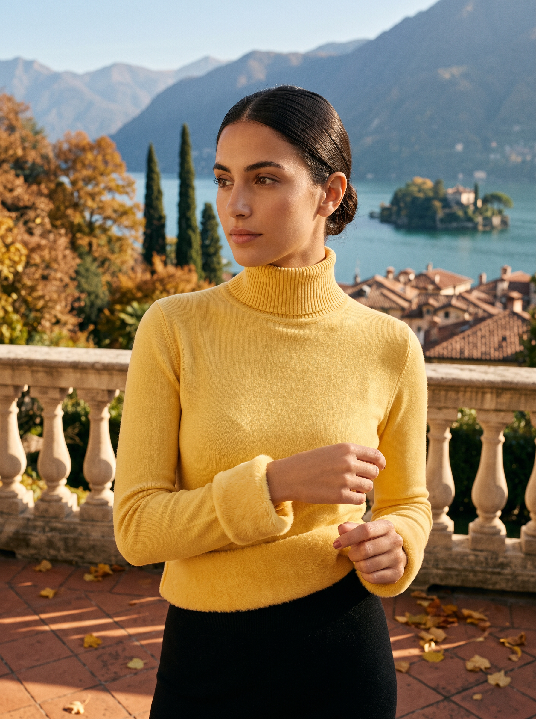 Kobieta w żółtym damskim golfie z pluszową podszewką, podwinięty mankiet odsłania miękkie wnętrze — taras nad jeziorem Como jesienią, Lubomirske