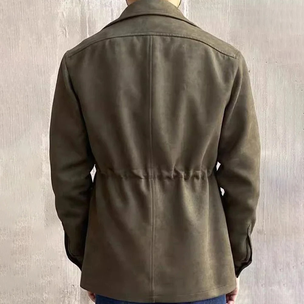 backside Photo of male model wearing army green men's jacket